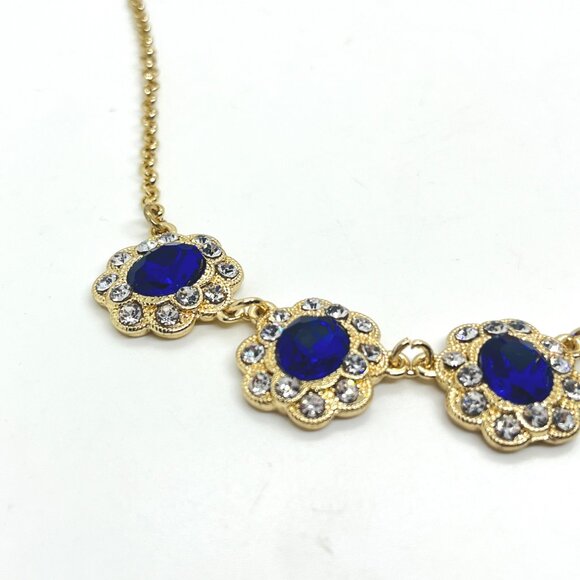MONET BLUE CLEAR RHINESTONE FLOWER FLORAL STATION NECKLACE GOLD TONE CHAIN NWT - Picture 7 of 15